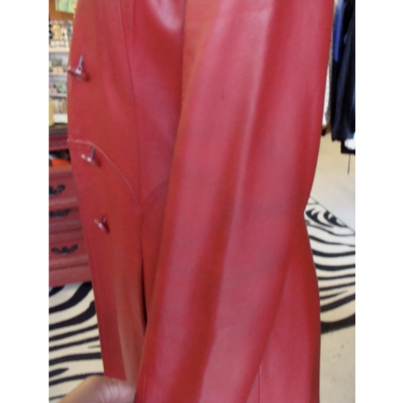 red LEATHER COAT vintage trench jacket S - Picture 9 of 11